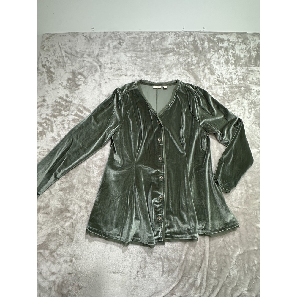 LOGO Lavish Velvet Button Up Blouse Women Size Medium Green Long Sleeve EUC